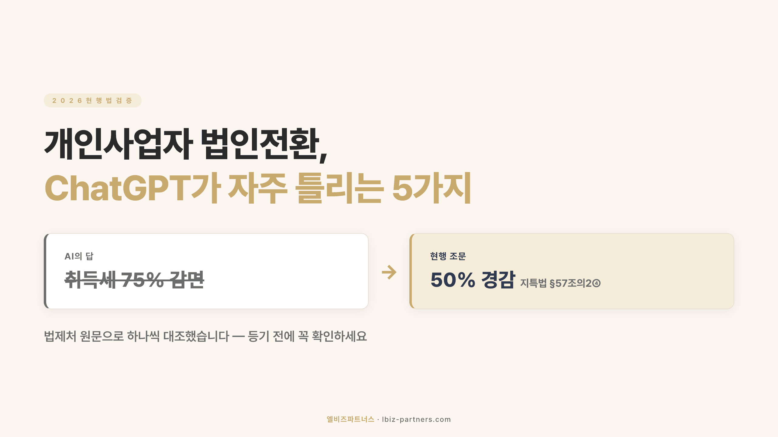 개인사업자 법인전환, ChatGPT가 자주 틀리는 5가지 — 취득세 75% 감면이라고 답하면 구법입니다 (2026)