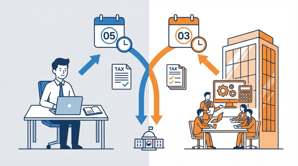 개인사업자(5월 신고)와 법인사업자(3월 신고)의 세금 신고 경로 비교