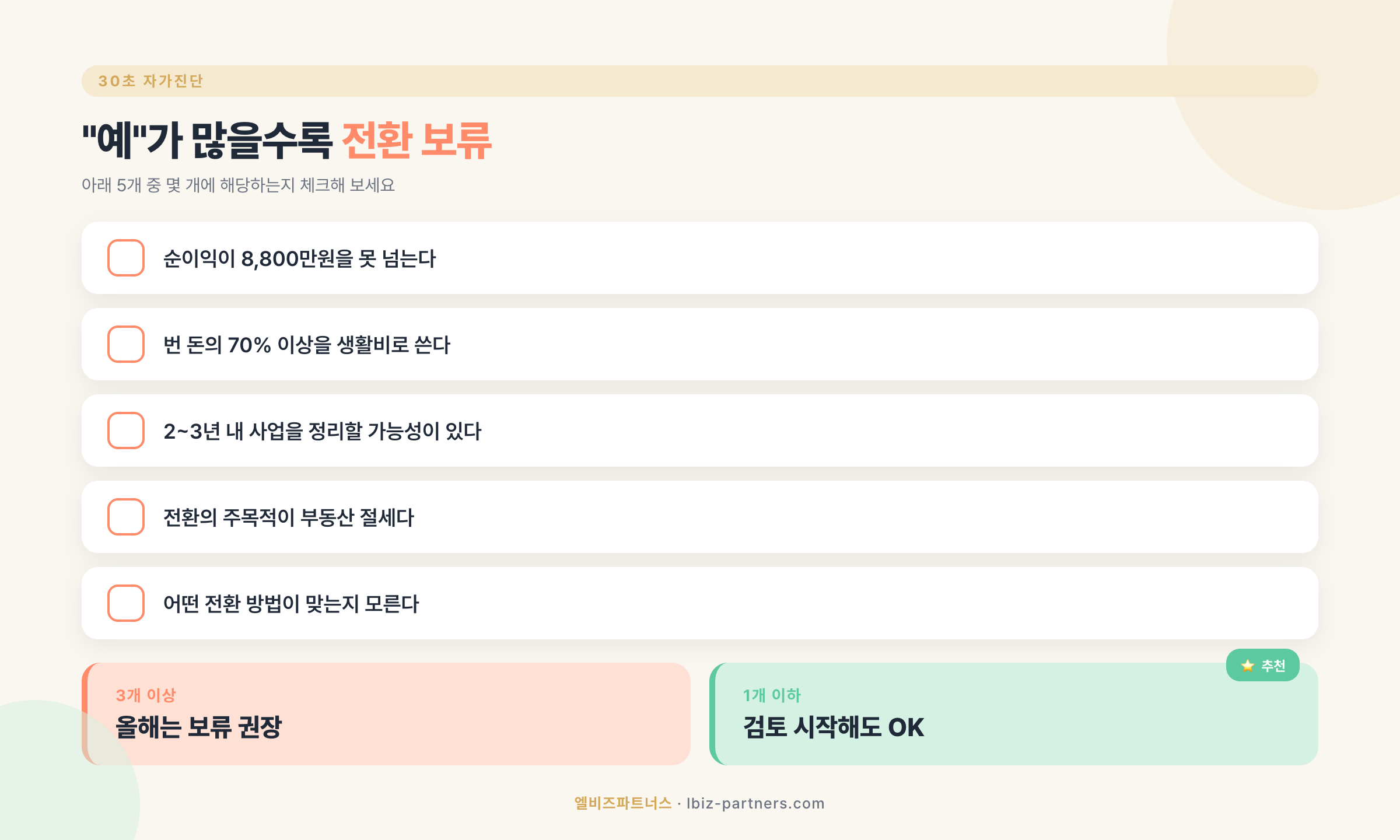 법인전환 30초 자가진단 — 예가 많을수록 보류