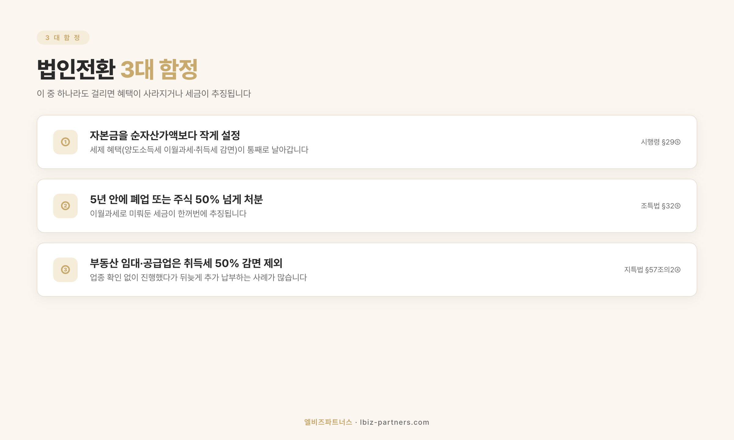 법인전환 3대 함정 — 자본금·5년·임대업