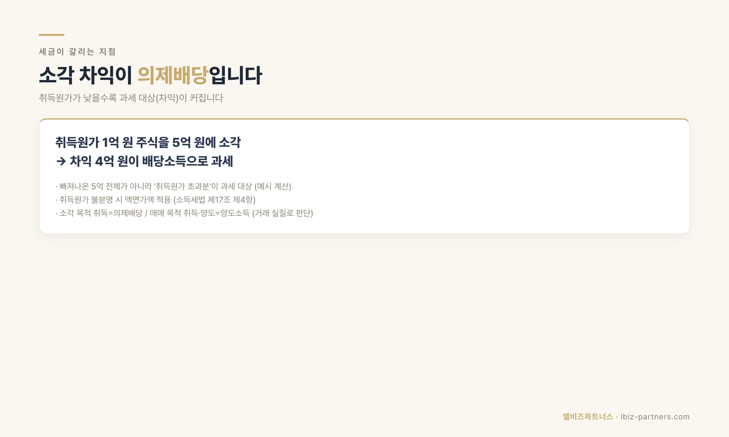 소각 차익의 의제배당 과세 예시 — 취득원가 1억 원 주식을 5억 원에 소각하면 차익 4억 원이 배당소득으로 과세되며, 취득원가가 불분명하면 액면가액을 적용한다